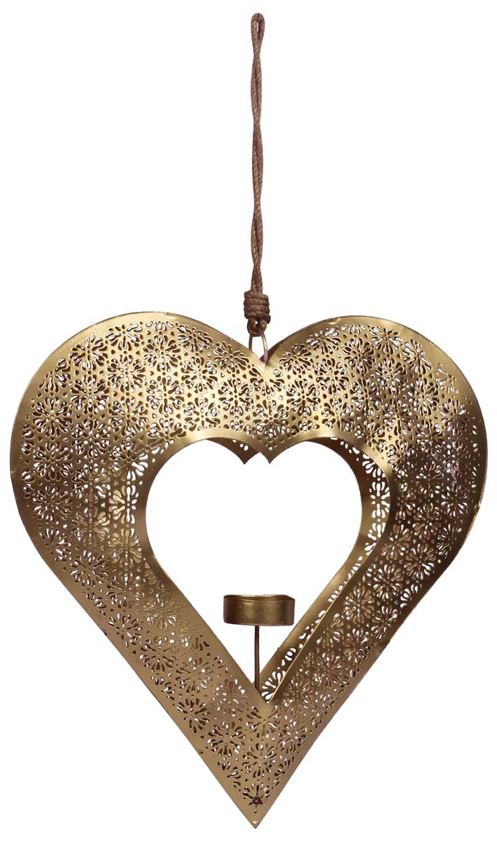 Buy in Bulk Wholesale Hanging Tea-Light Candle Holder in Heart-Shape - Handmade in Cast Iron Golden Color Finish - Metal Votive Candle Stands - Party Decorations - Gifts from India